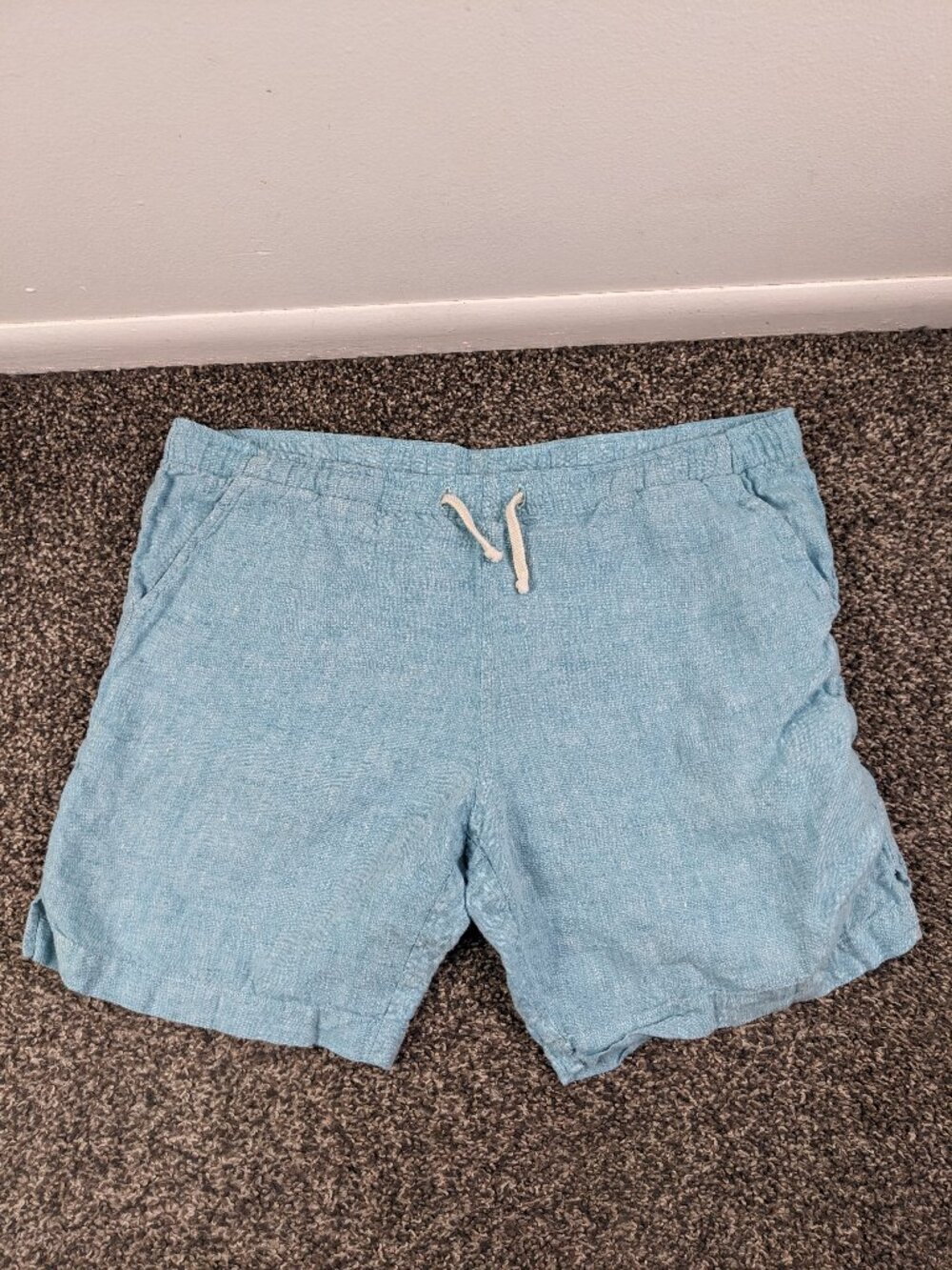 Alex Crane Shorts 100% Linen Elastic Waist Drawstring Blue Mens Small *Flaw